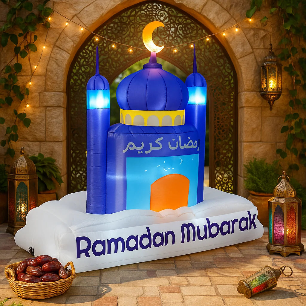 Islamic Ramadan & Eid Inflatable Mosque Decoration with LED Lights, 7FT Outdoor Yard Ornament