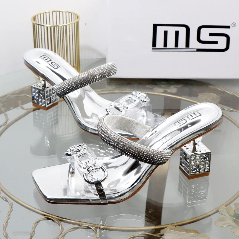 Women’s Transparent Strap Heeled Sandals – Chic Box-Style Square Alien Heel with Metal Accent | Summer Fashion Slippers