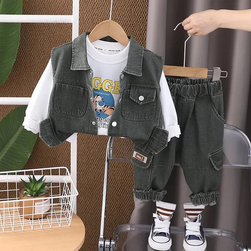 2025 Autumn New Style Denim Long Sleeve Vest With Double Pocket Children's Fashion Streetwear Three-Piece Suit For Middle And Small K