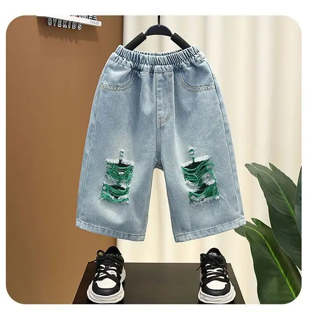 2025 Kids Clothing Boys' summer outfit set new stylish children's short sleeved letter T-shirt denim shorts 2-piece set