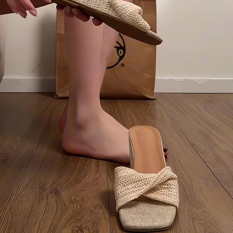 Women’s Designer Weave Wedge Slides – Open Toe Height Increase Summer Sandals, Fashion Outdoor Slip-On Dress Shoes
