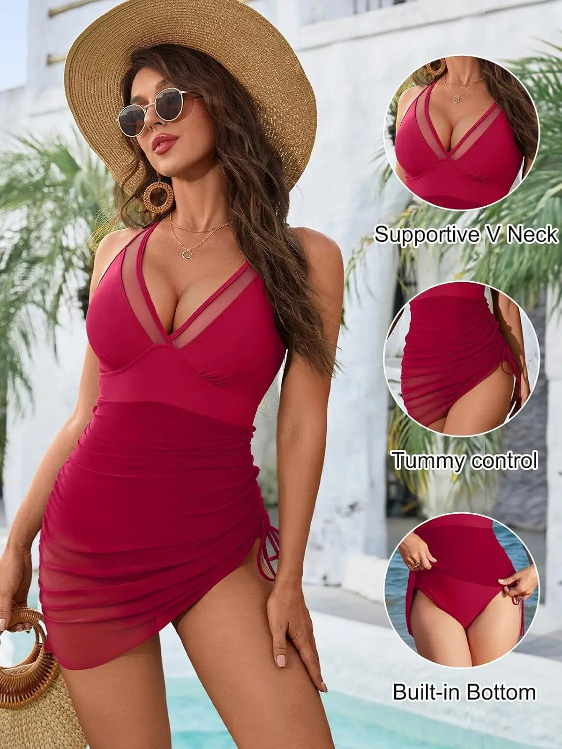 Women’s Mesh Drawstring Swimsuit – Solid Color Stylish Bathing Suit