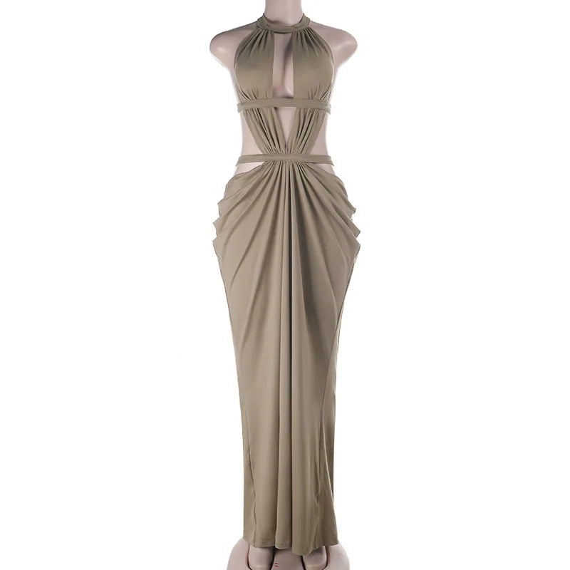 Women's Halter Cut-Out Backless Maxi Dress, Sleeveless Floor-Length