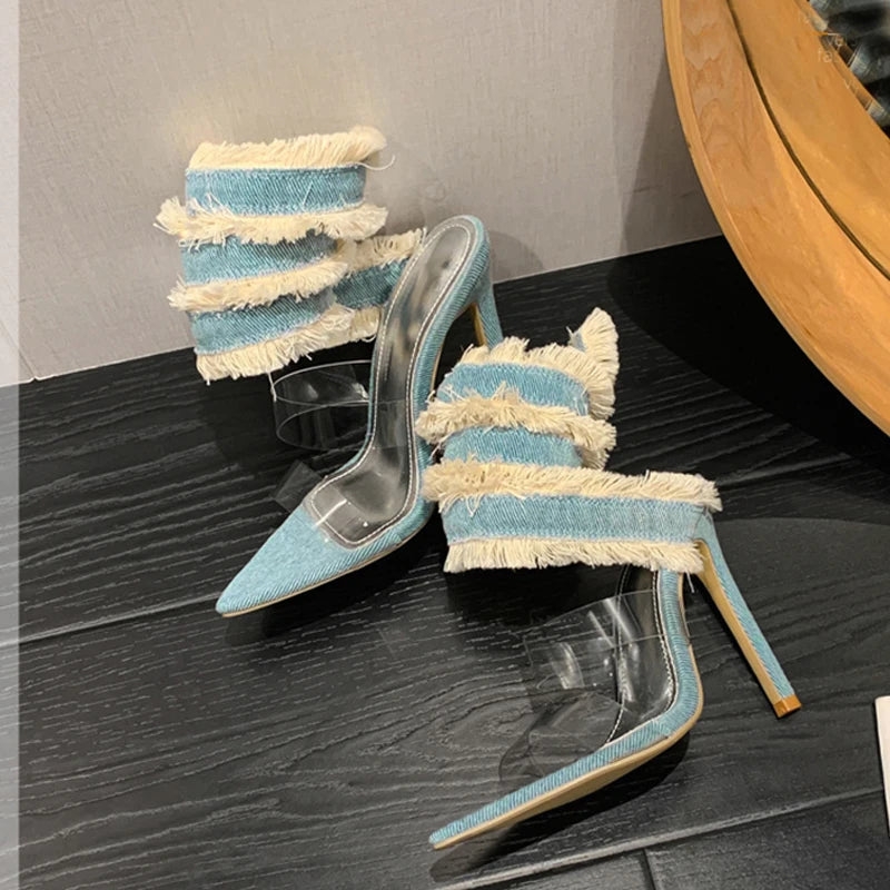 Women's Denim Ankle Strap Snake Wrap Sandals – Transparent PVC High Heels, Party & Evening Shoes