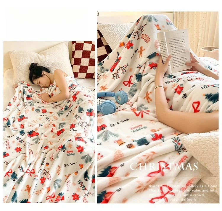 Soft Christmas Print Coral Fleece Throw Blanket, Plush Polyester Sofa and Bed Cover for Cozy Winter Lounging and Holiday Home Decor