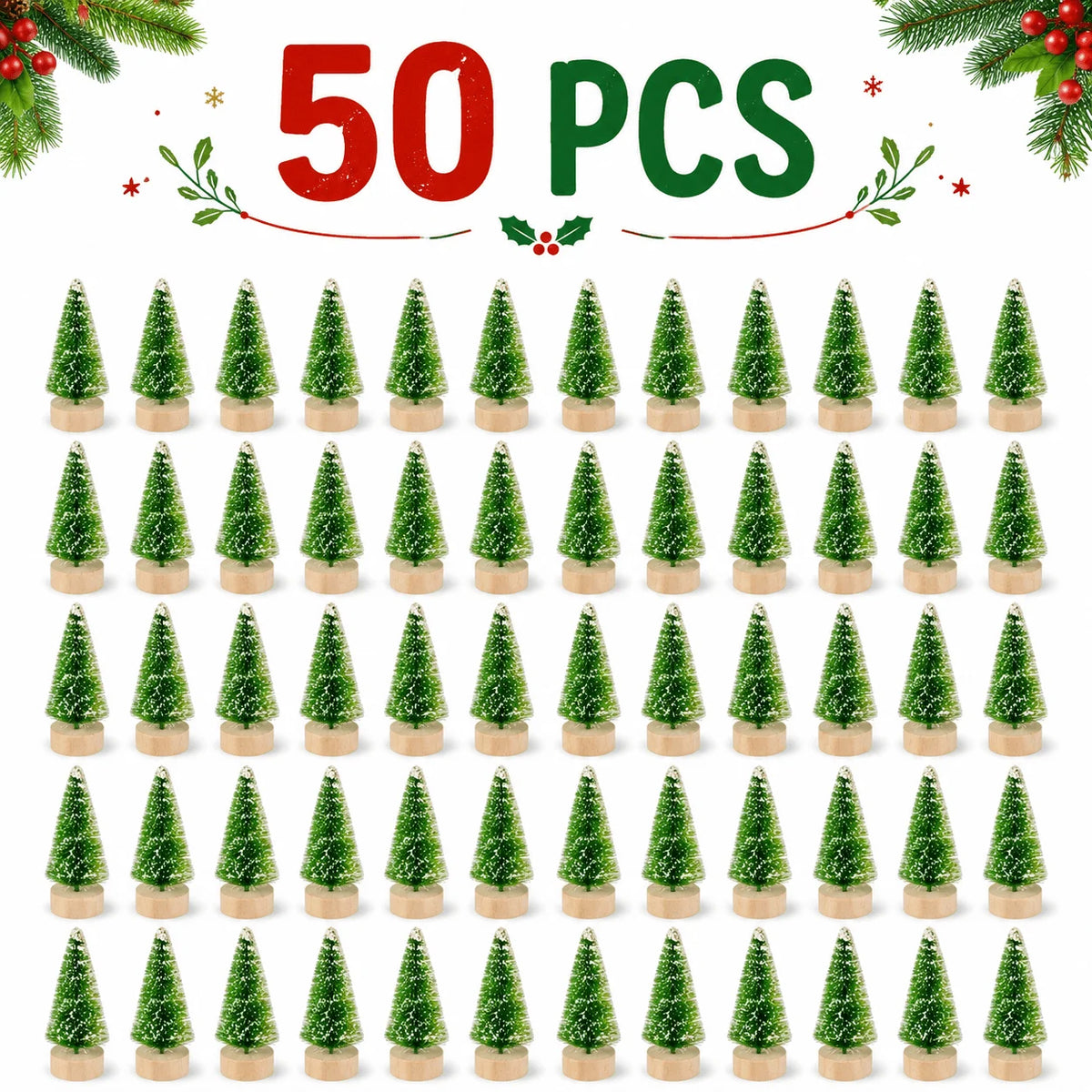 50-Piece Mini Snow-Flocked Bottle Brush Christmas Tree Set with Wooden Bases for Holiday Villages, Tabletop Displays and DIY Winter Crafts