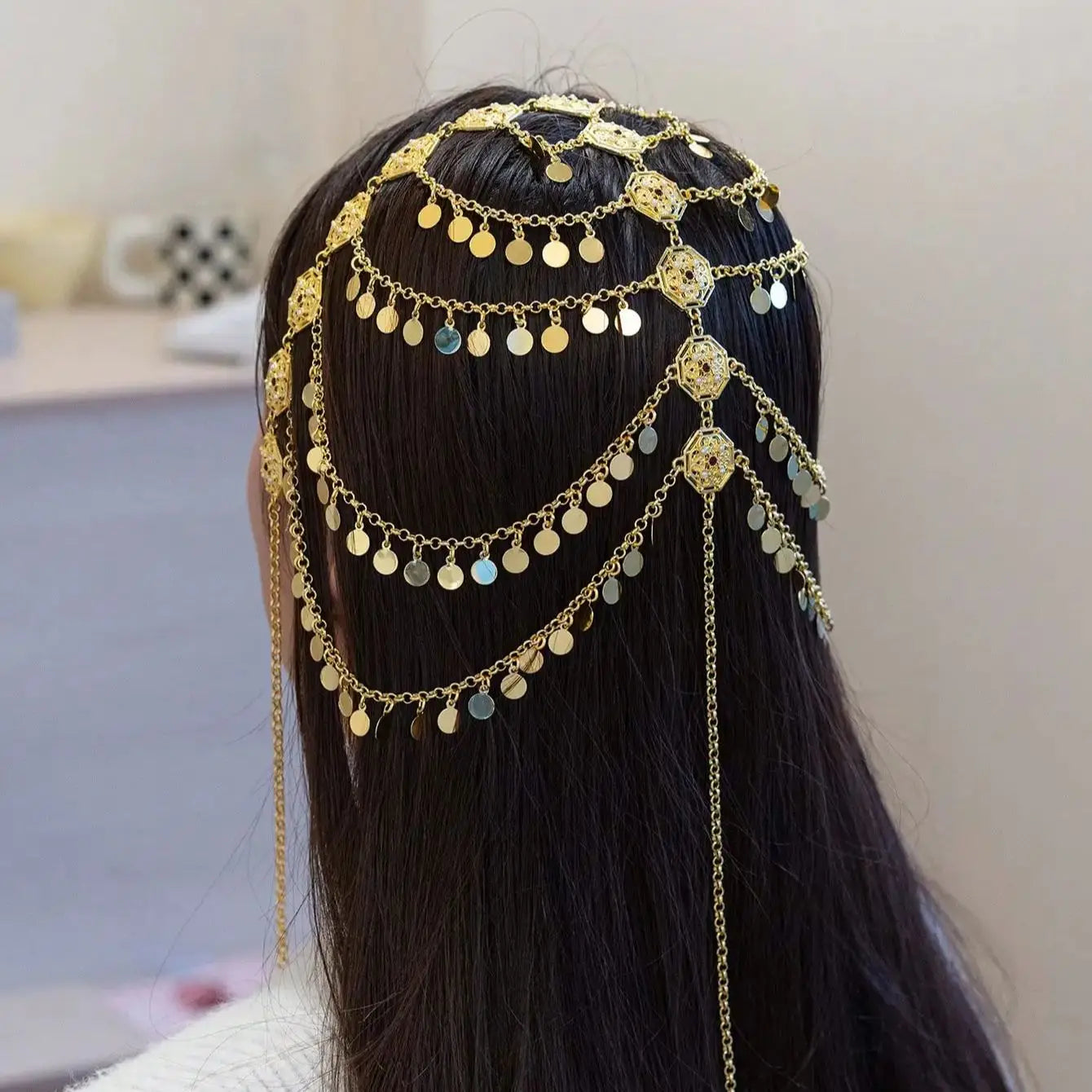 Gold-Plated Hair Chain for Women – Turkish Kurdish Arabic Totem Headpiece – Festival & Wedding Jewelry
