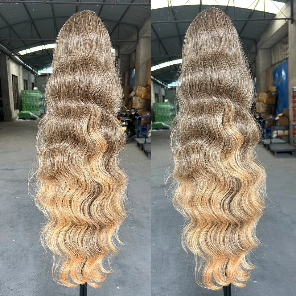 28-Inch Synthetic Drawstring Ponytail – Ombre Brown & Piano Blonde Body Wave, 180g Heat-Resistant Hair Extension