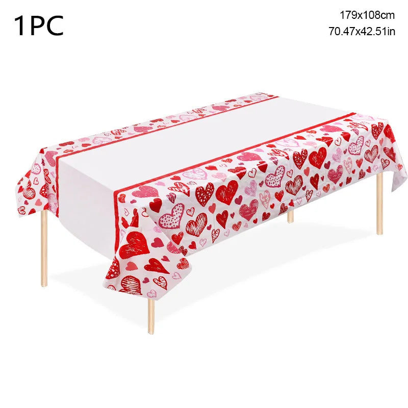 Love Heart Disposable Tableware Set – Paper Plates, Cups, Napkins & Tablecloth for Valentine’s Day, Wedding, Anniversary & Party Decor