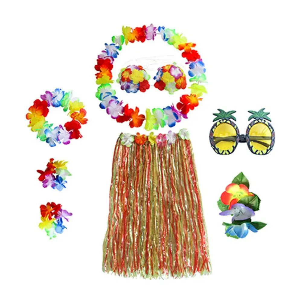 8-Piece Hawaiian Hula Costume Set – Grass Skirt, Flower Lei Necklace, Headband, Anklets & Bracelets for Parties and Dress-Up