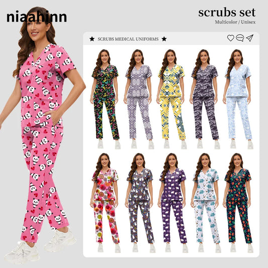 Women's Trendy Print Scrub Set – Stretchy, Soft Hospital Uniform with Top and Pants – Ideal for Nurses, Doctors, and Veterinary Clinics