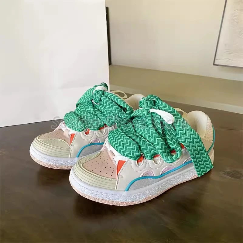 Thick Sole Casual Sneakers – Mixed Color Lace-Up Skateboard Shoes, Round Toe Breathable Outdoor Fashion Shoes
