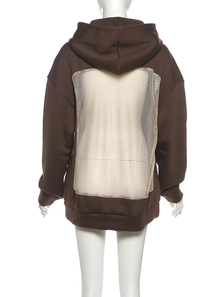 Sisterlinda Women's Hoodie Backless Mesh Patchwork Sweatshirt – Harajuku Streetwear Pullover for Autumn