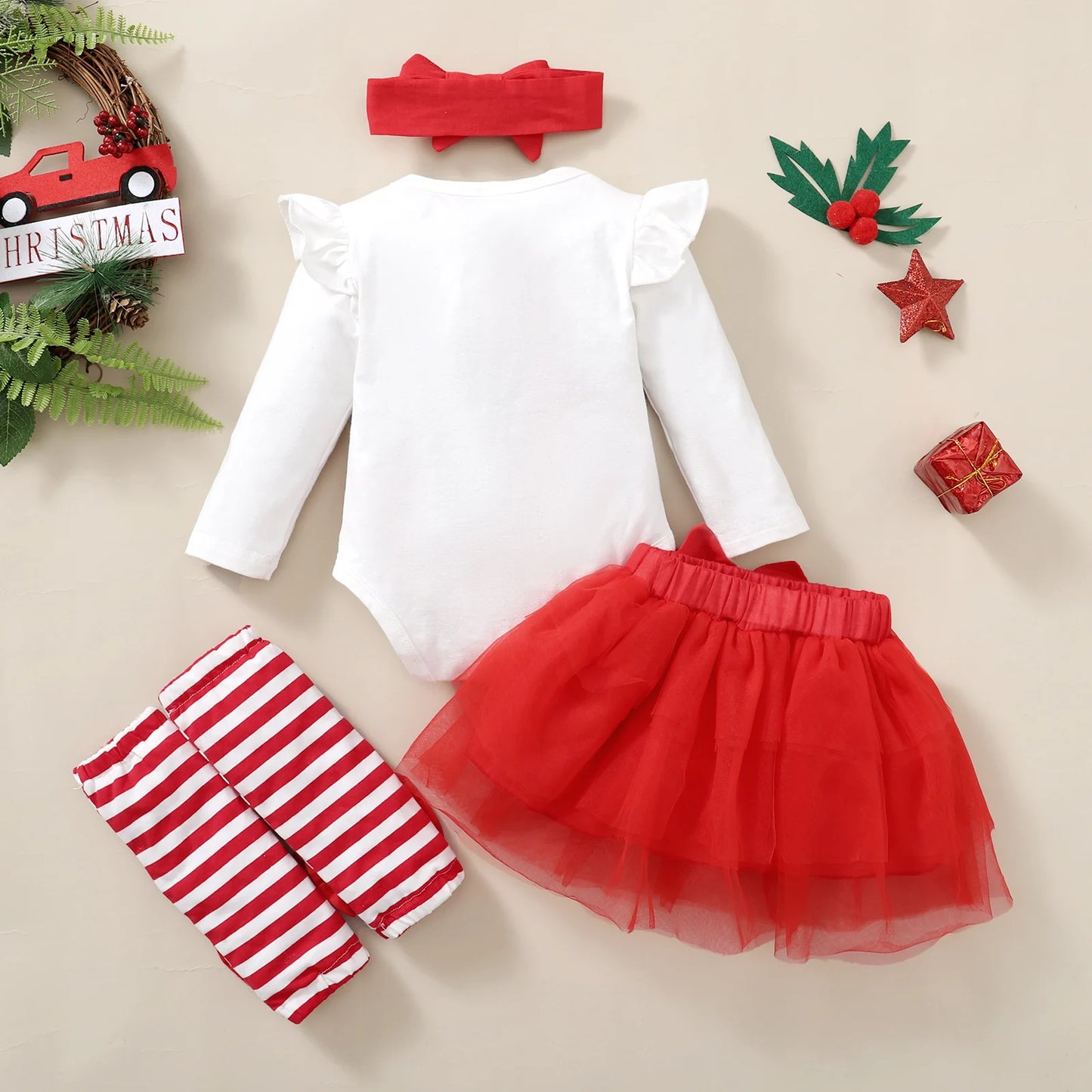 Infant Baby Girl Christmas Set – Bodysuit, Skirt, Headband & Socks (0–18 Months)