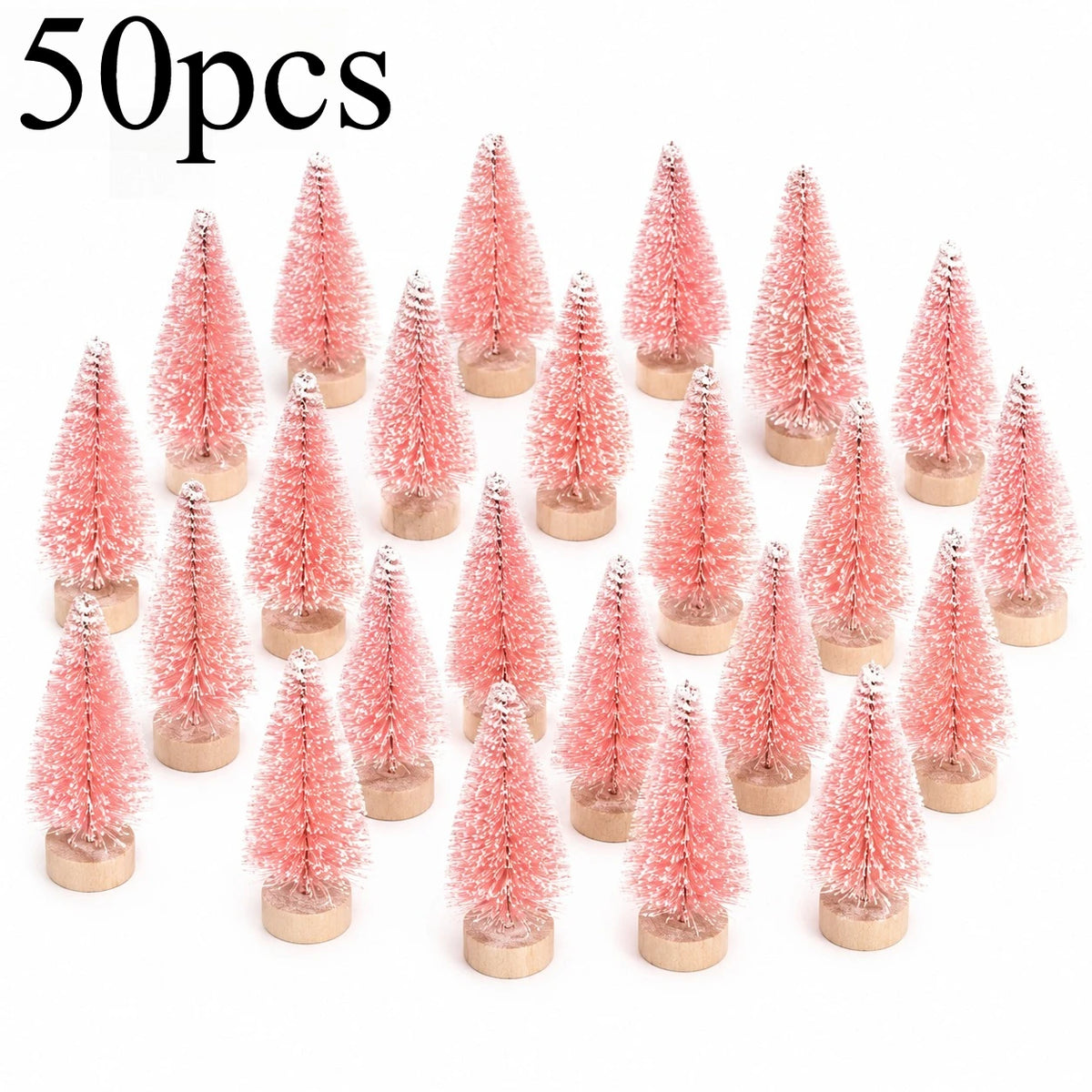 50-Piece Mini Snow-Flocked Bottle Brush Christmas Tree Set with Wooden Bases for Holiday Villages, Tabletop Displays and DIY Winter Crafts