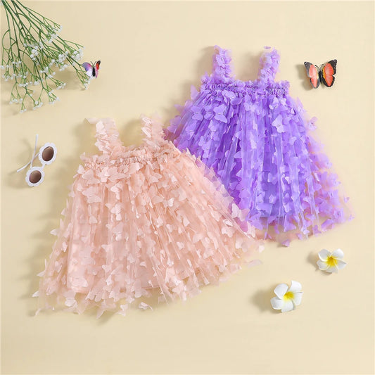 Toddler Kids Baby Girls Dress 3D Butterfly Solid Color Sleeveless Sling Dress Summer Sweet Casual Princess Dress