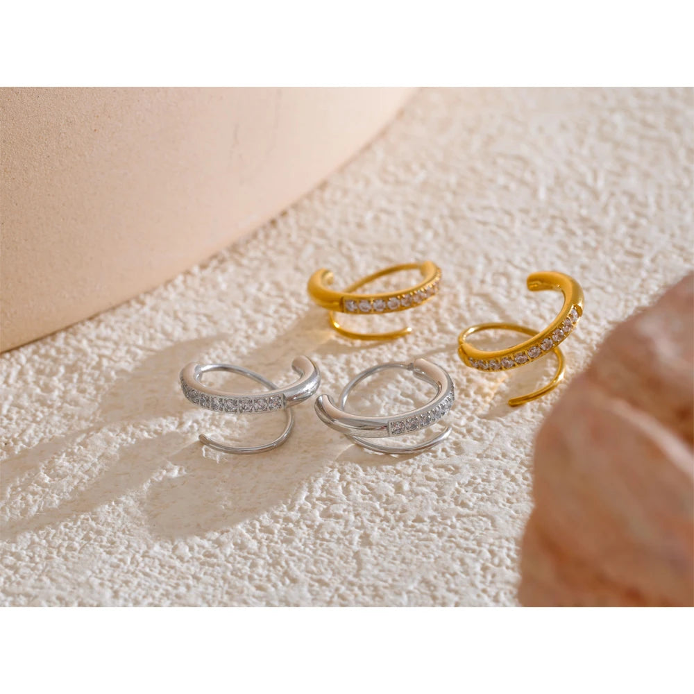 Stainless Steel Twisted Hoop Earrings with Cubic Zirconia for Women – Double-Look Design, Waterproof Fashion Jewelry
