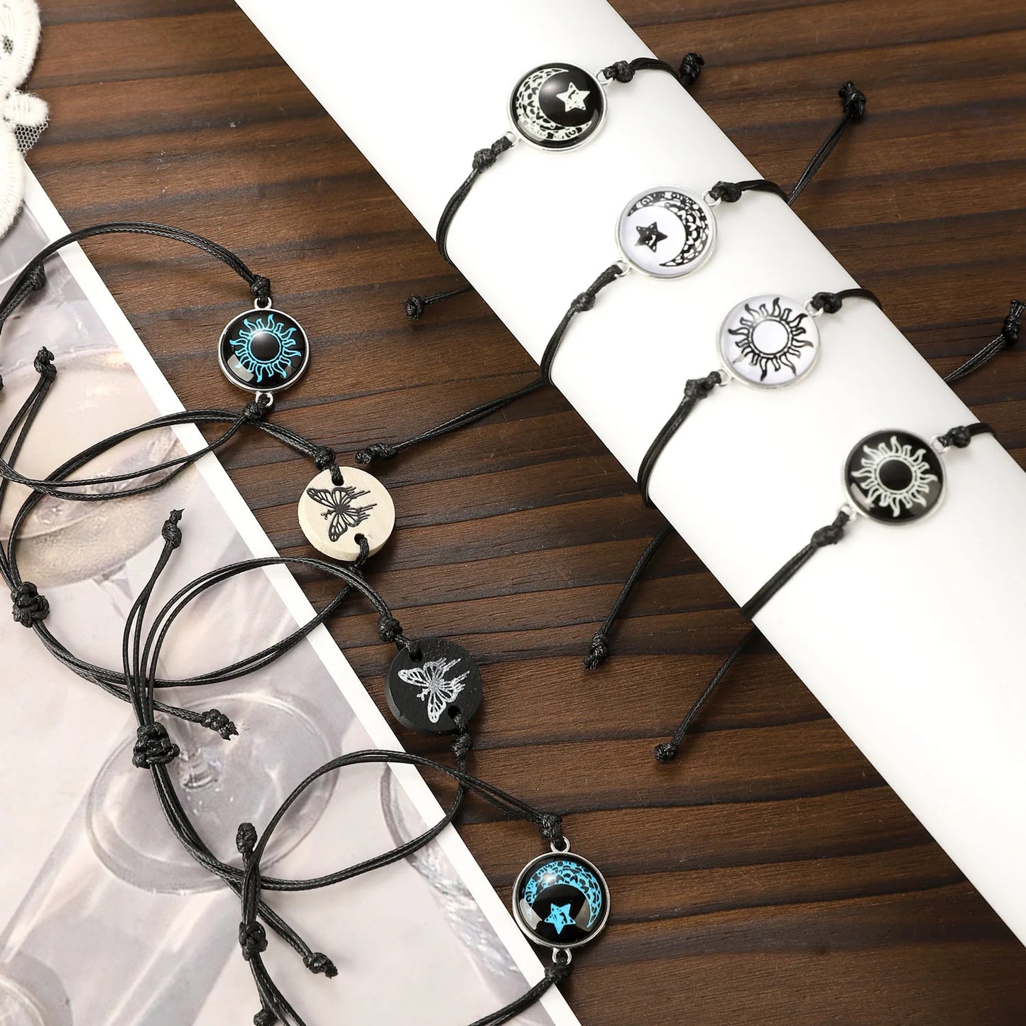 Adjustable Glow-in-the-Dark Rope Bracelet – Butterfly, Sun & Moon Luminous Jewelry for Couples and Friends