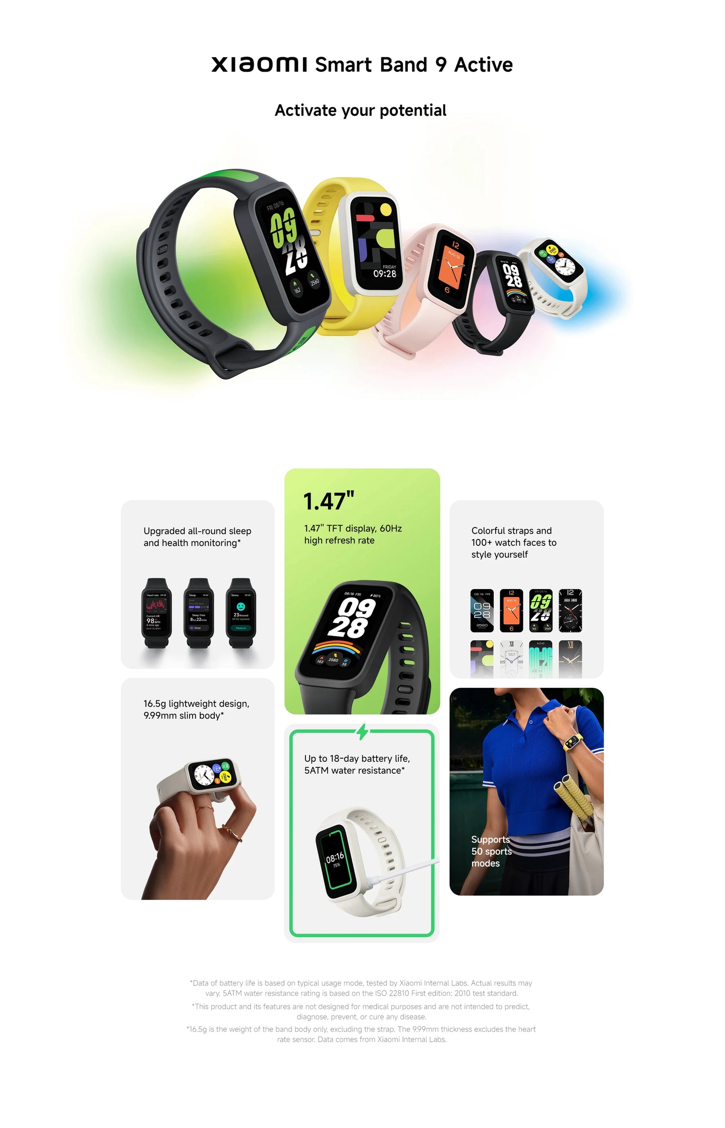 Global Version Smart Band 9 Active – 1.47" TFT Display, 18-Day Battery Life, Fitness & Health Tracker
