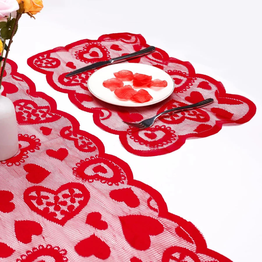 Classic red heart design polyester woven table runner, suitable for Valentine’s Day, family dining, home decoration, and everyday or special occasions.