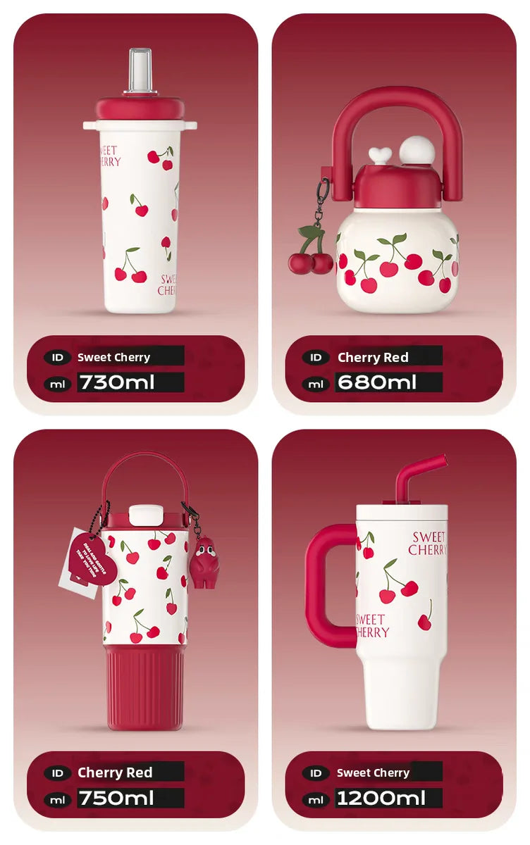 Portable Cherry Series Stainless Steel Insulated Straw Tumbler – Double-Wall Vacuum Travel Water Bottle for Hot & Cold Drinks