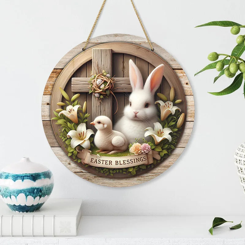 1pc 2D Rustic Easter Wooden Sign Bunny Rabbit Wood Welcome Sign for Easter Spring Holiday Front Door Home Wall Hanging Decor