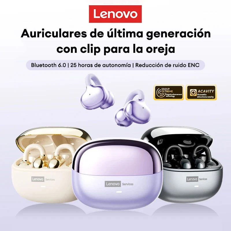 Lenovo LE302 Wireless Bluetooth 6.0 Clip-On Earbuds with HiFi Stereo Sound and Long Battery Life