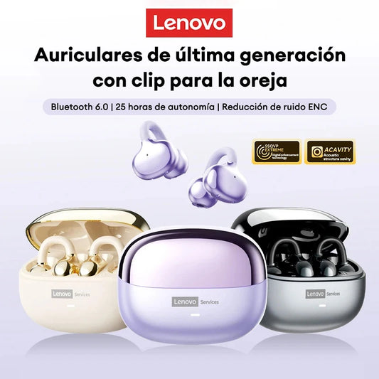 Lenovo LE302 Wireless Bluetooth 6.0 Clip-On Earbuds with HiFi Stereo Sound and Long Battery Life