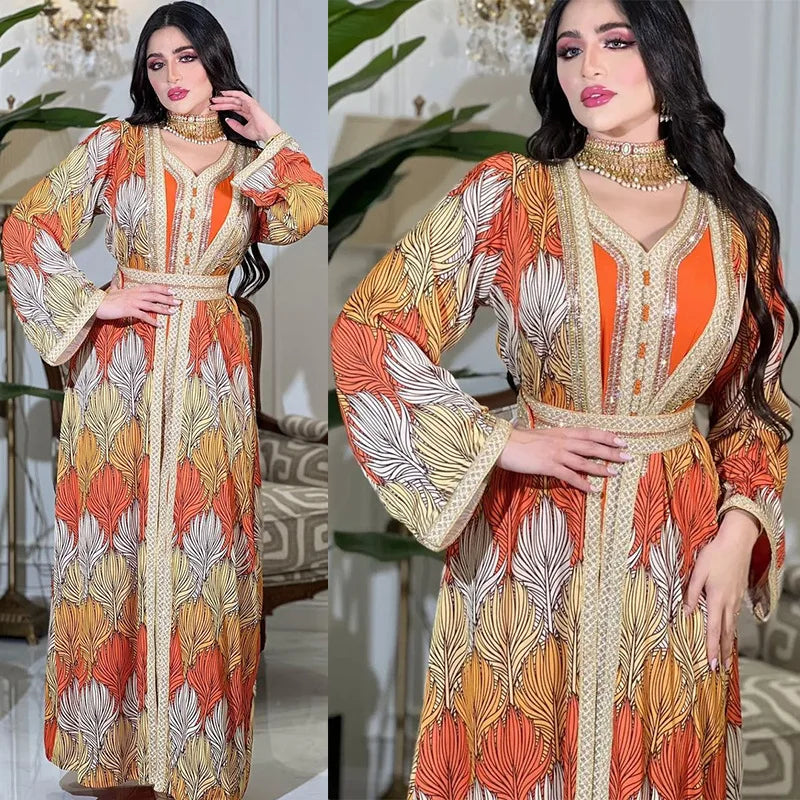 Long-Sleeved Jalabiya Set with Rhinestone Details and Woven Ribbon