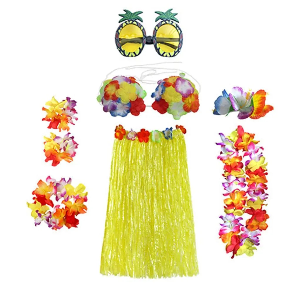 8-Piece Hawaiian Hula Costume Set – Grass Skirt, Flower Lei Necklace, Headband, Anklets & Bracelets for Parties and Dress-Up