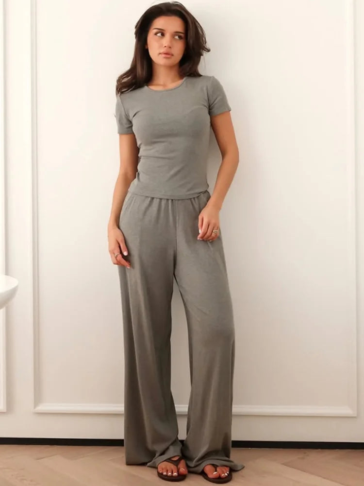 Women’s Casual Two-Piece Set – Slim O-Neck Short Sleeve T-Shirt & Elastic Waist Long Pants, Summer & Autumn Solid Outfits