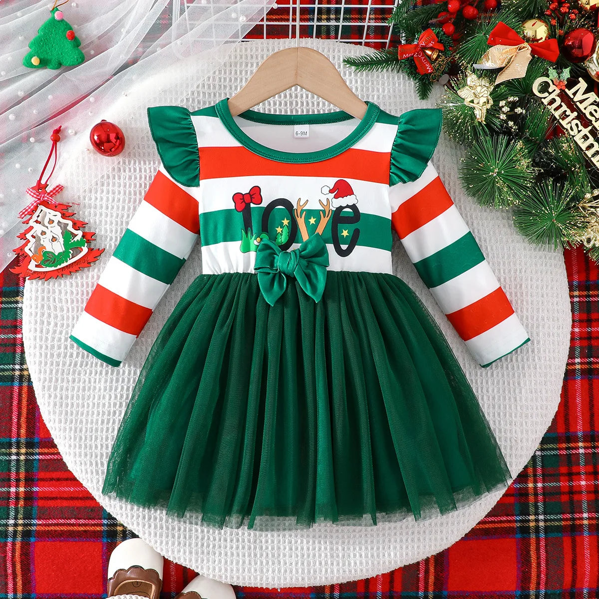 Baby Girl New Year Dress – Green Christmas Tree Print Outfit, “My First New Year” Costume for Newborns & Toddlers