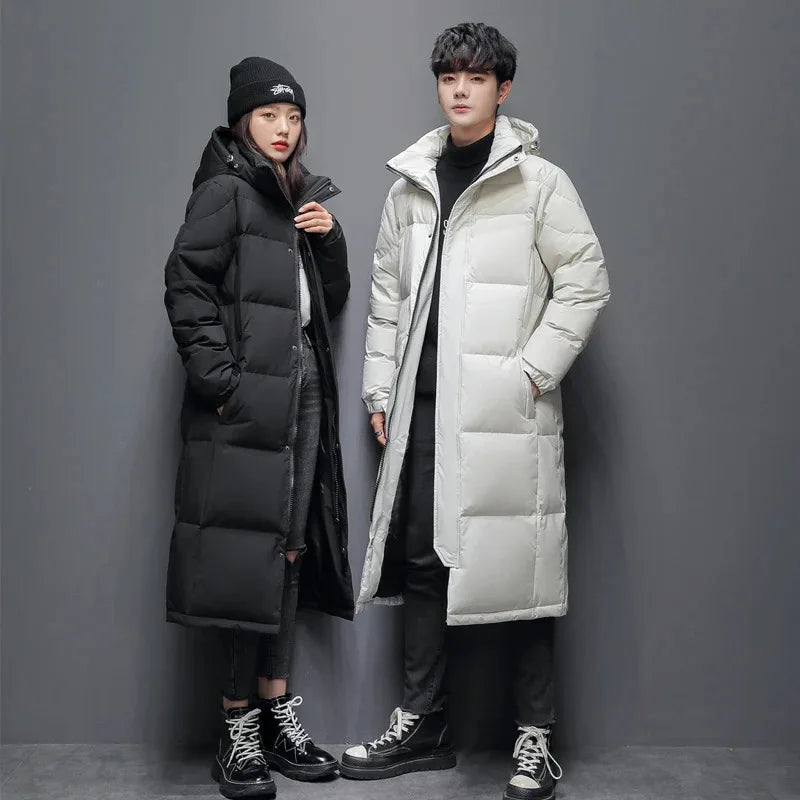 Winter Long White Down Jackets Men Women Hooded Thick Warm Over-the-Knee Puffer Jacket Man Overcoats Couple Padded Down Coat