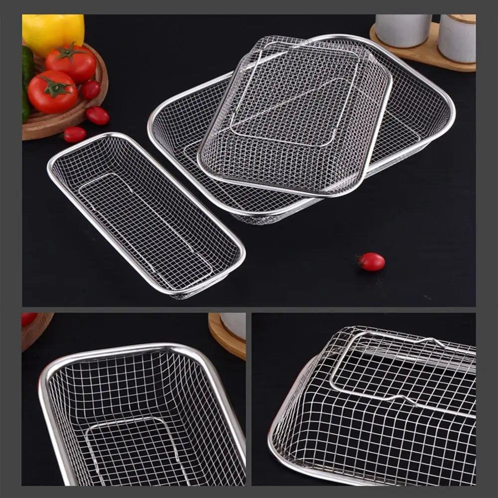 Stainless Steel Square Mesh Drain Basket Drain Basket 3 Size Vegetable Washing Basin Hollow Out Space-saving