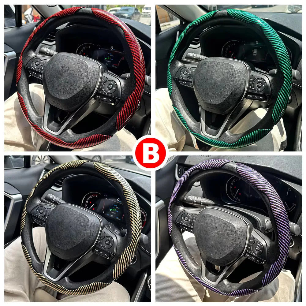 38 cm Car Steering Wheel Cover Set, 3-Piece Glossy Carbon Fiber Look Trim for Round Steering Wheels