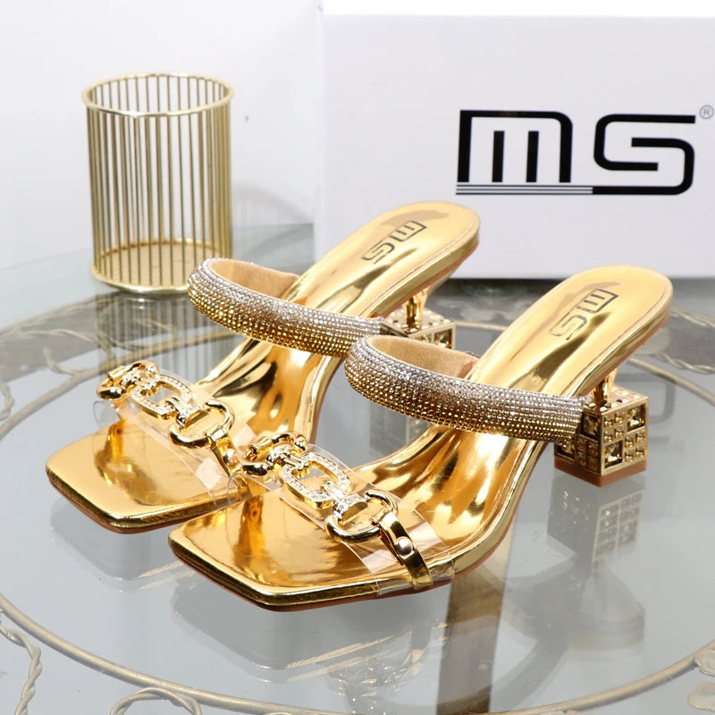 Women’s Transparent Strap Heeled Sandals – Chic Box-Style Square Alien Heel with Metal Accent | Summer Fashion Slippers