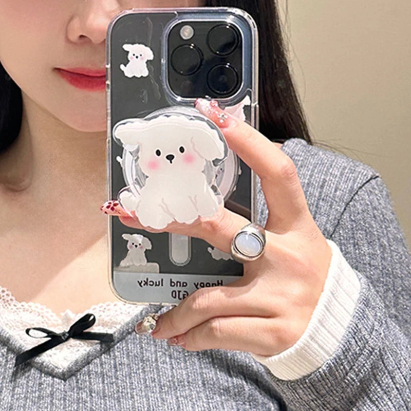 Korea Cute White Dog MagSafe Magnetic Phone Grip Tok with Foldable Stand