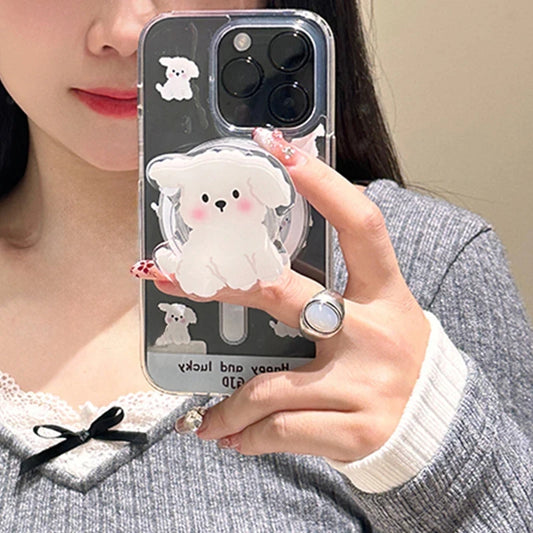 Korea Cute White Dog MagSafe Magnetic Phone Grip Tok with Foldable Stand