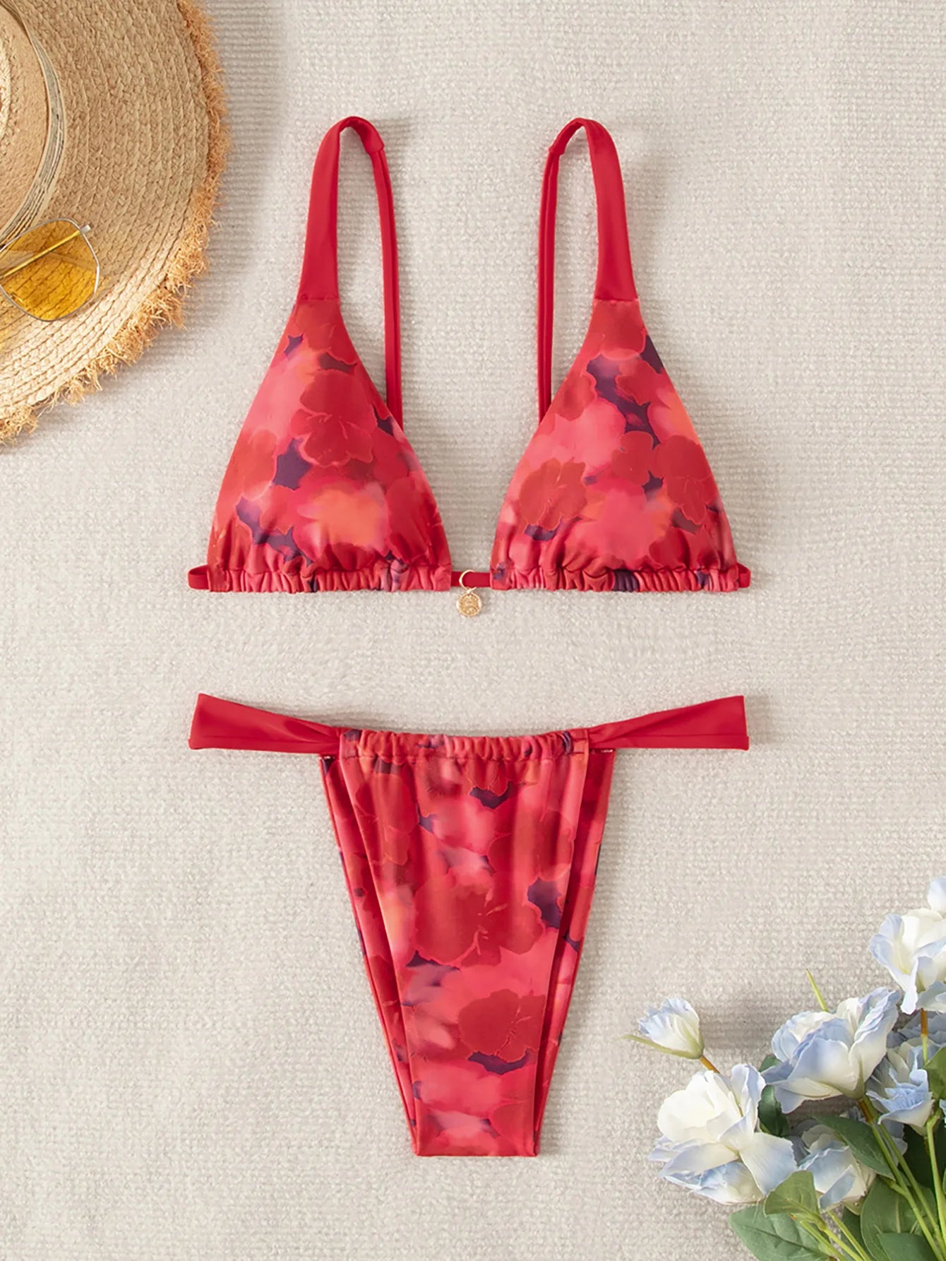 Women’s Blue Floral Print 2-Piece Bikini Set – Push-Up Bra and Thong Swimsuit for Beach and Swimwear