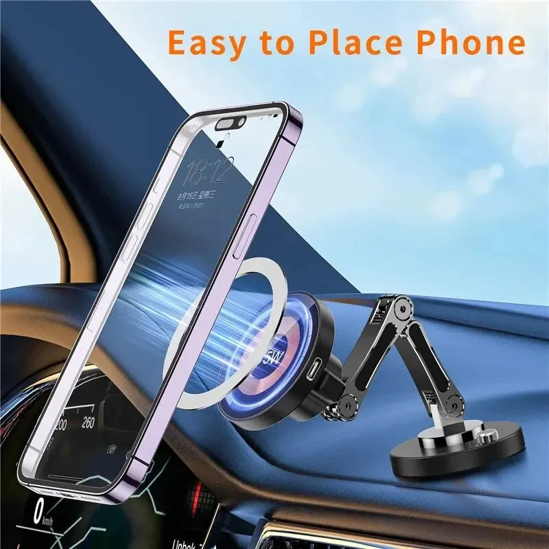 15W Magnetic Wireless Car Charger Mount – Strong MagSafe Phone Holder with 360° Rotation & Fast Charging for iPhone 15/14/13/12