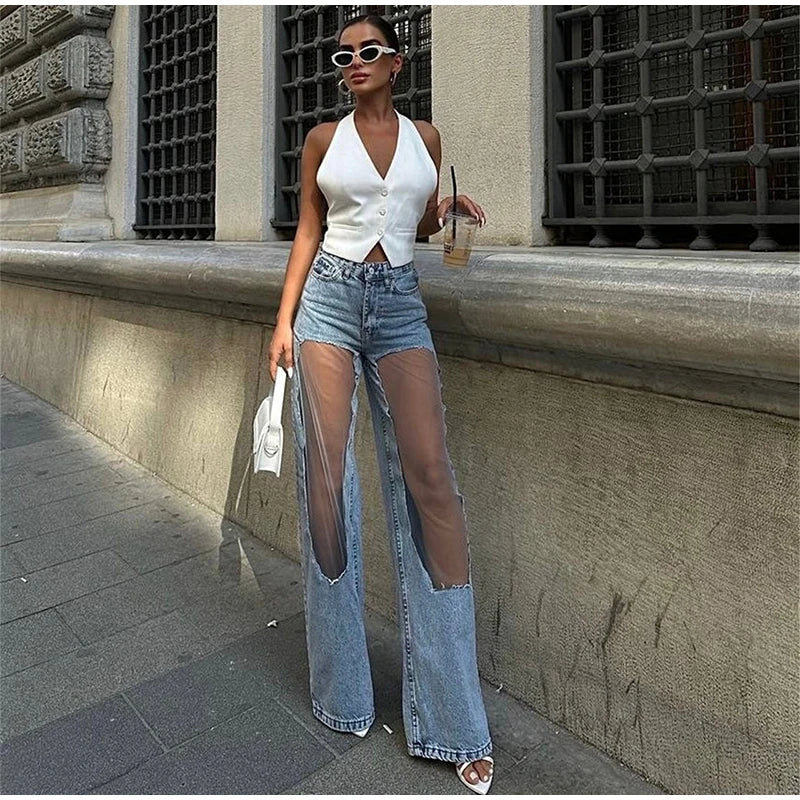 Women’s High-Waist Distressed Denim Jeans with Sheer Mesh Knee Panels – Trendy Streetwear Pants | Italian Street Style