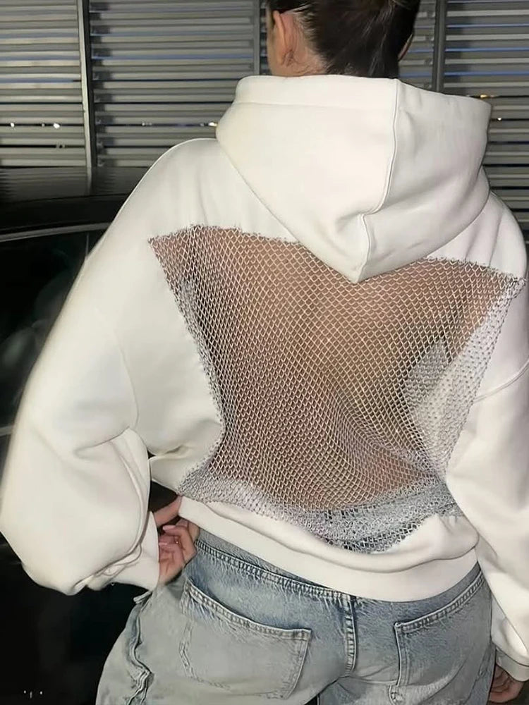 Sisterlinda Women's Hoodie Backless Mesh Patchwork Sweatshirt – Harajuku Streetwear Pullover for Autumn