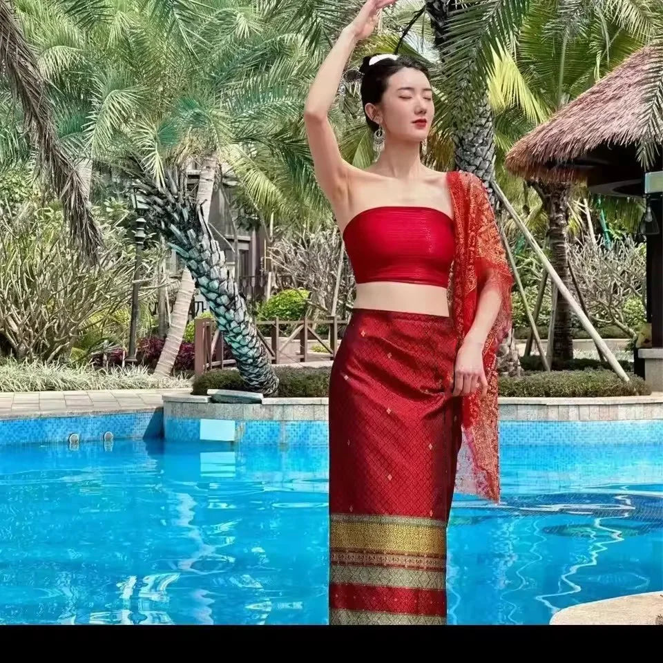 Women’s Thai Traditional Clothing Set (2-Piece) – Dai Minority Ethnic Dress, Retro National Costume for Dance, Cultural Events & Photoshoots