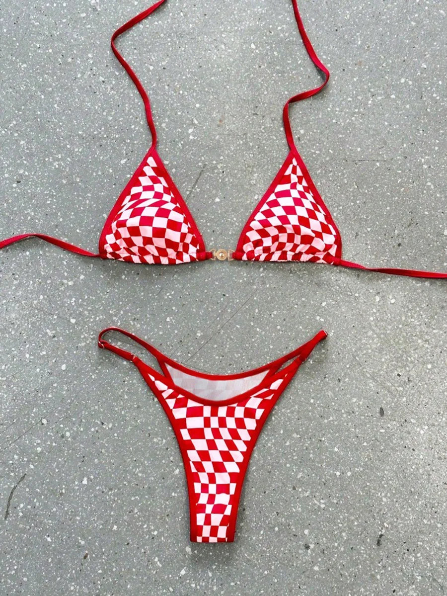 Women’s Two-Piece Bikini Swimsuit, Plaid Swimwear with Ring Detail and High-Leg Design