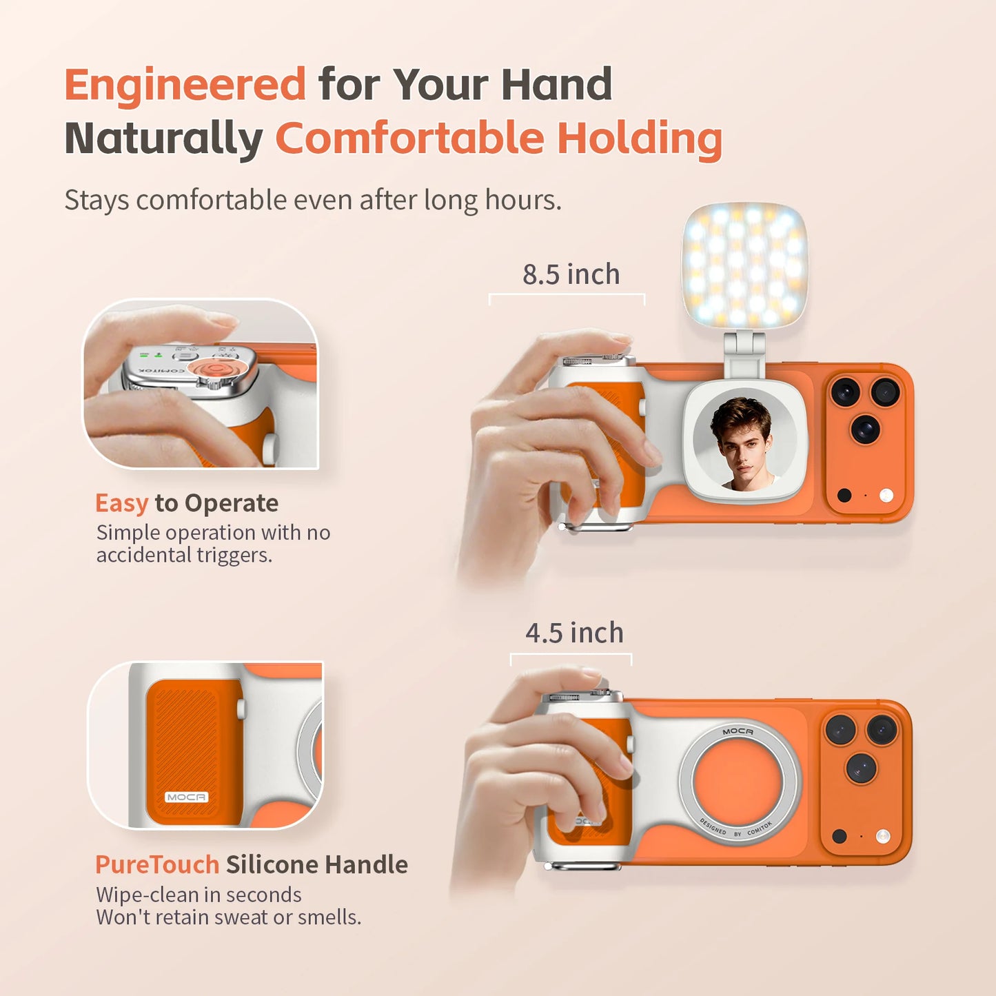 iPhone Camera Assistant with 1-Click Lens Flip Shutter Grip, Detachable Charging Remote, Optional Fill Light & Mirror for Smartphones