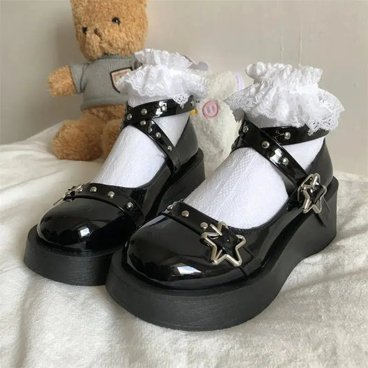 Lolita shoes Women heels platform mary janes Star Buckle Strap Mary Janes Women Cross-tied Girls Rivet Casual kawaii shoes