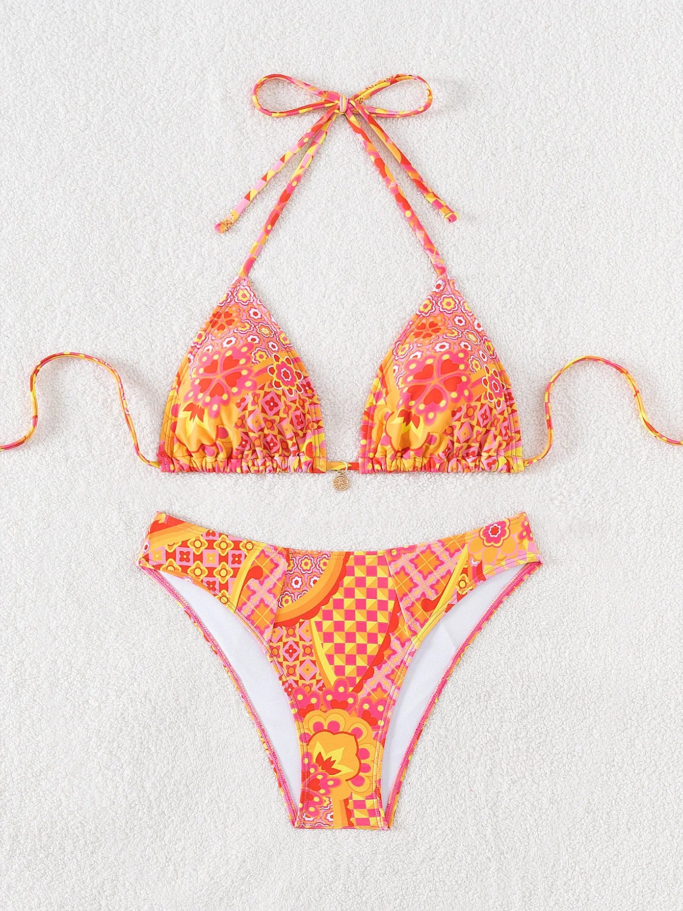 Women’s Blue Floral Print 2-Piece Bikini Set – Push-Up Bra and Thong Swimsuit for Beach and Swimwear