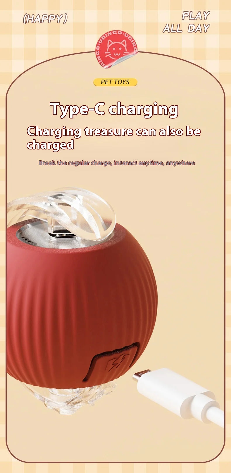 Cat Interactive Ball Toy - Automatic Rolling Ball with Faux Tail, Rechargeable Smart Pet Electric Toy for Dog & Cat Training, Imitates Mouse Movement