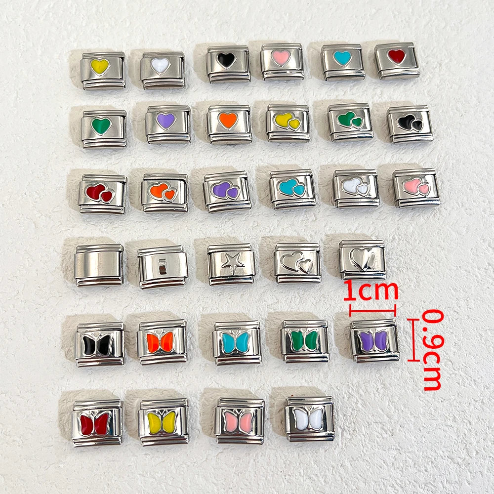 1pc DIY Bracelet Kit – 18 Stainless Steel & Enamel Charms (Love, Heart, Star, Butterfly), 9mm Links, Jewelry Making Wholesale