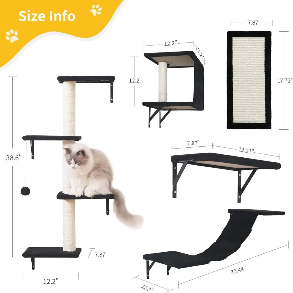 5-Piece Wooden Cat Wall Furniture Set with House, Bridge, Tree, Steps & Scratcher – Black
